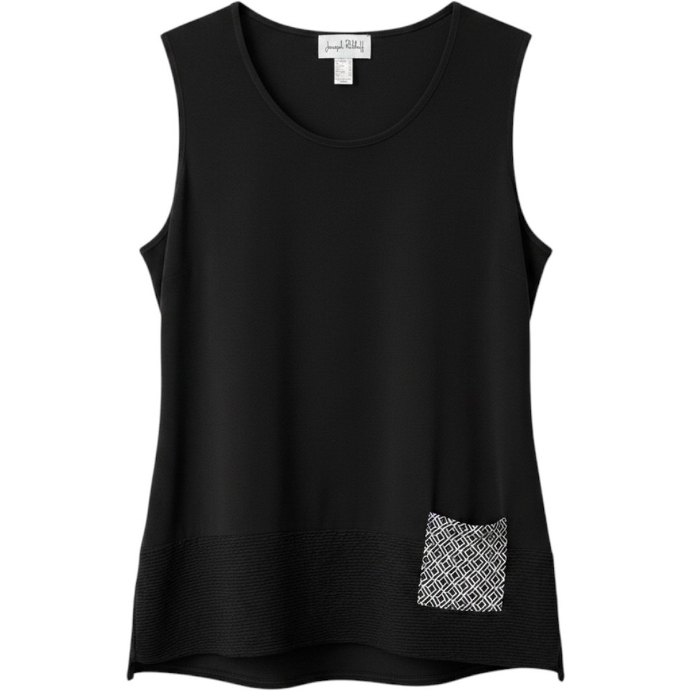 Joseph Ribkoff Black Sleeveless Stretch Tunic Top Textured Hem Geo Pocket Sz 16
